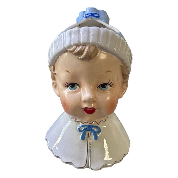 Vintage Ceramic Head Vase Smiling Baby Boy w/ Dimples and Blue Hat - Picture 8 of 8